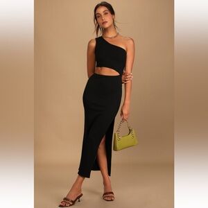 Spice Things Up Black Ribbed One-Shoulder Cutout Midi Dress